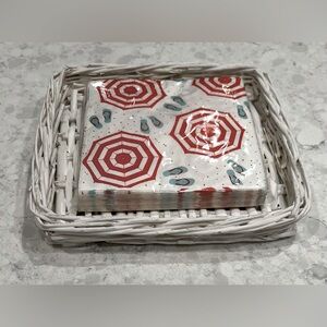 White Wicker Napkin Holder with Red Umbrella Blue Flip-flops Design Napkins, New